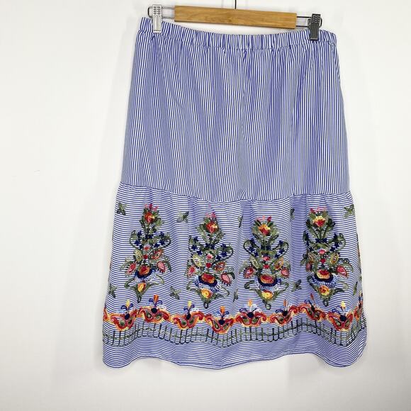 Magic Womens Midi Skirt Size XL NWT Blue Striped Embroidery Resort Boho Vaca - Picture 1 of 7